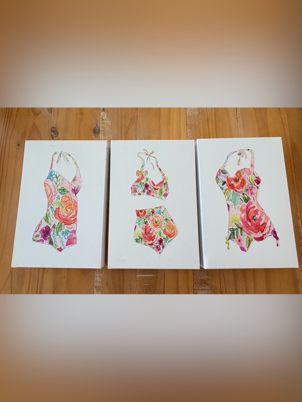 NEW 3 Tropical Bath Suit Picture on Stretched Canvas, 8x12” Each, OPEN BOX
